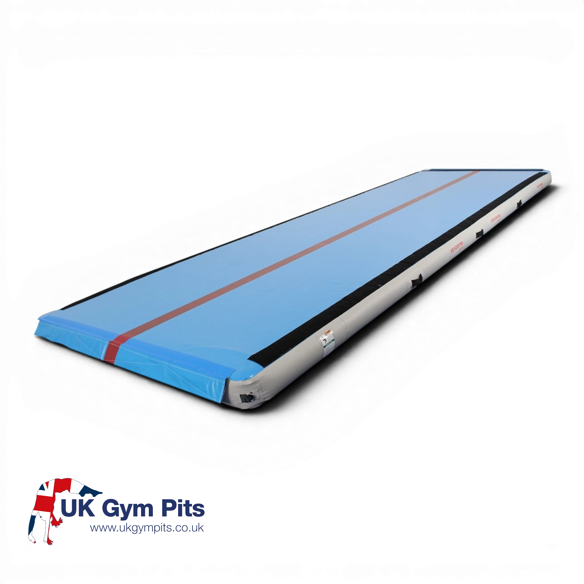 UK Gym Pits Air Floor Pro inflatable tumbling mat in blue with a red centre line for gymnastics training