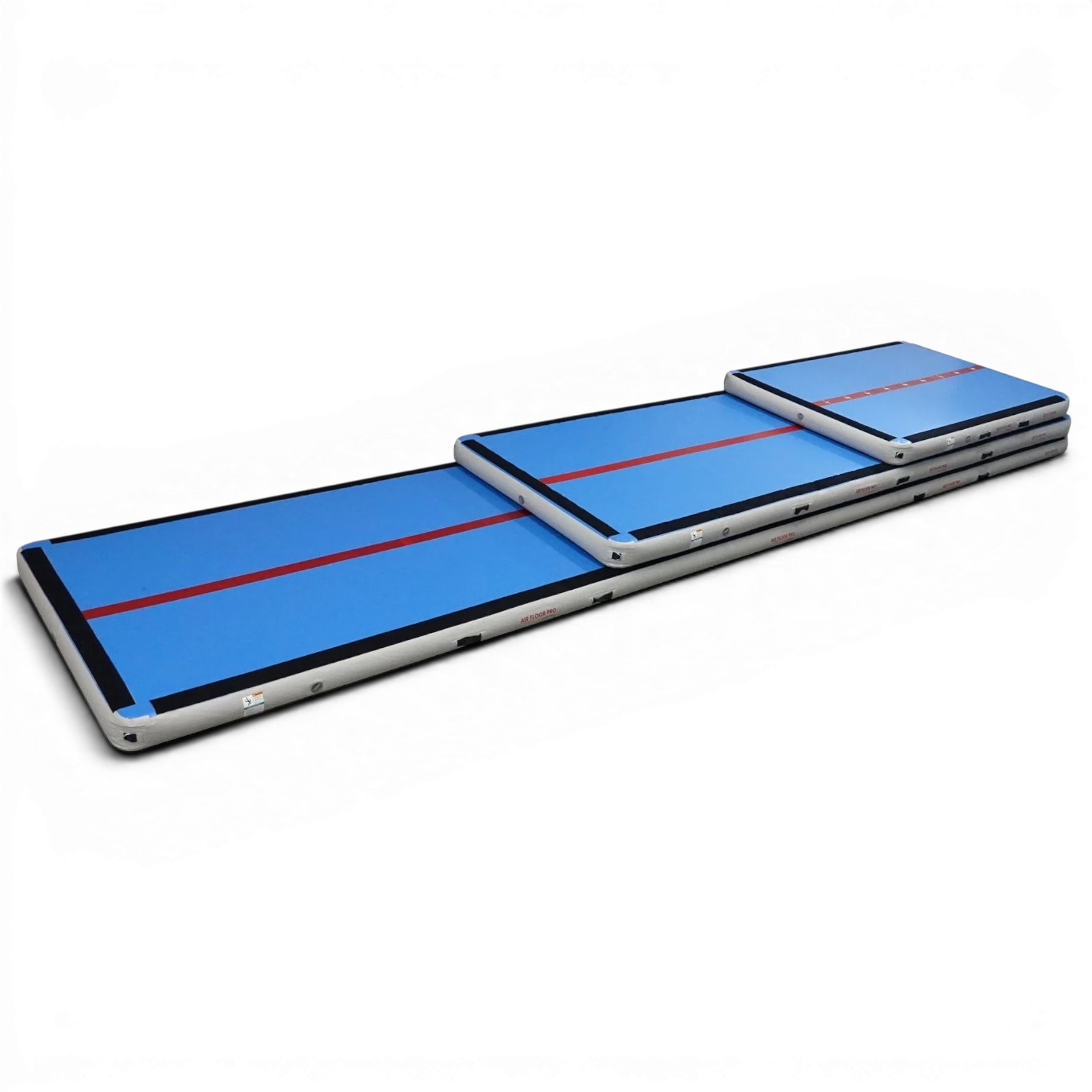 UK Gym Pits Air Floor Pro inflatable tumbling mats in blue with a red centre line, stacked on a black background.