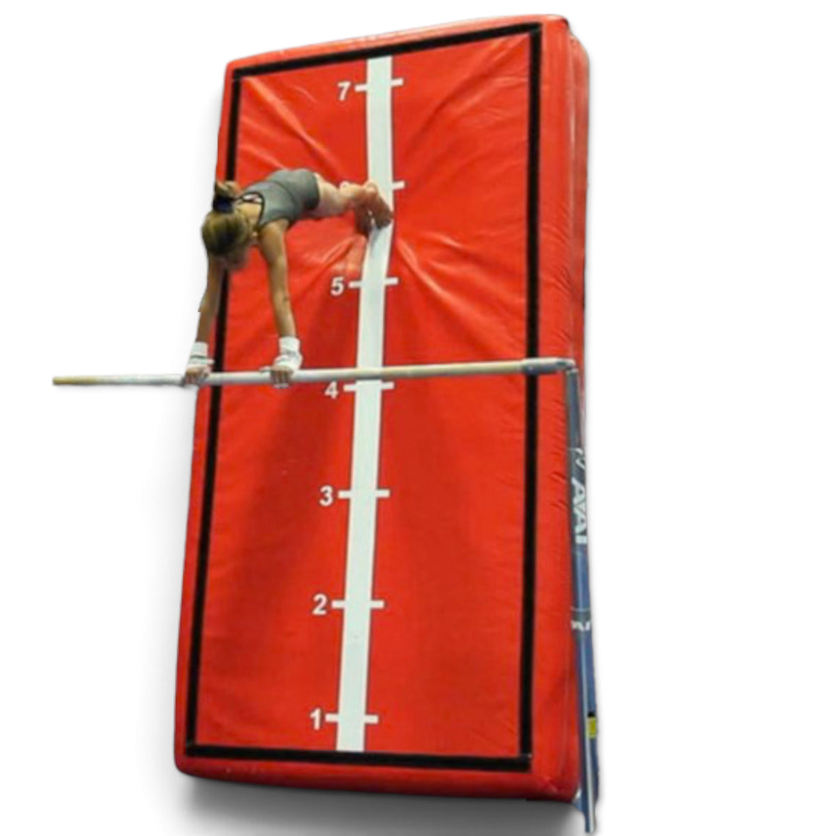 UK Gym Pits air platform package with a gymnast performing a vault drill on the red vinyl surface with distance markers