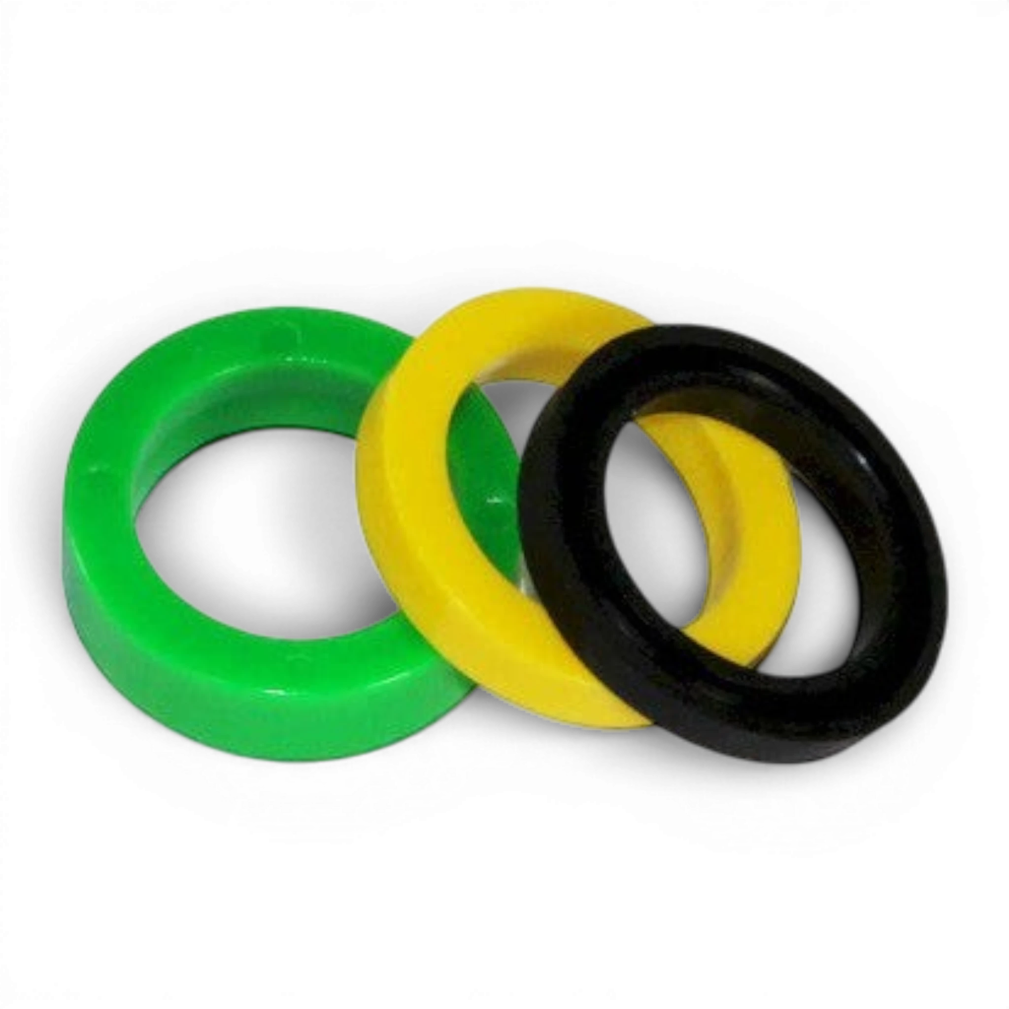 UK Gym Pits air pump adapter with grey nozzle and three interchangeable green, yellow, and black adjustment rings.