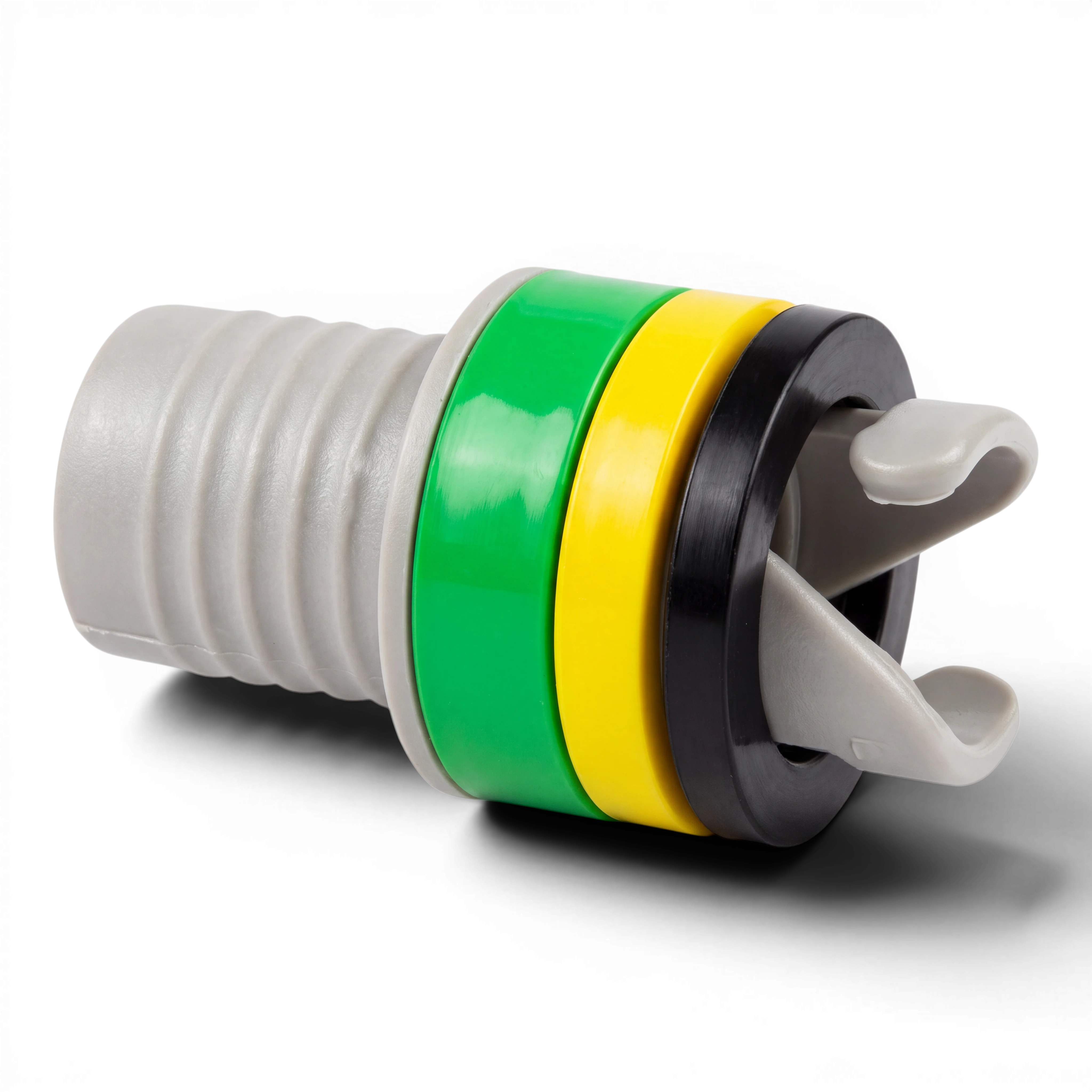 UK Gym Pits air pump adapter with grey ribbed nozzle and interchangeable green, yellow, and black valve rings.