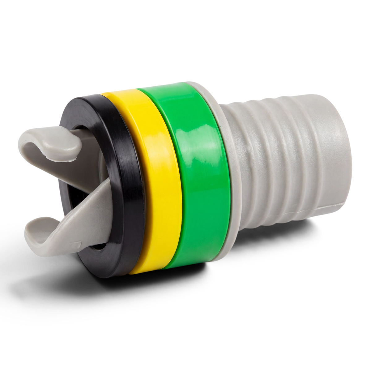 UK Gym Pits air pump adapter with grey ribbed nozzle and adjustable green, yellow, and black rings for grey valves.