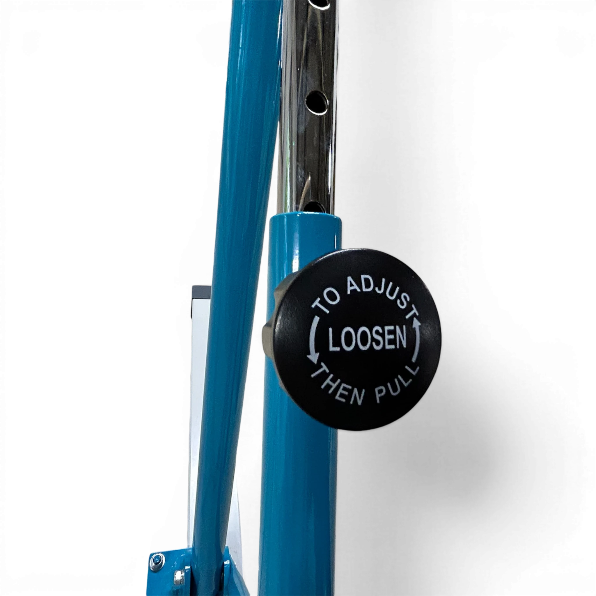 UK Gym Pits adjustable locking handwheel on a blue powder-coated steel frame of a training asymmetric bar