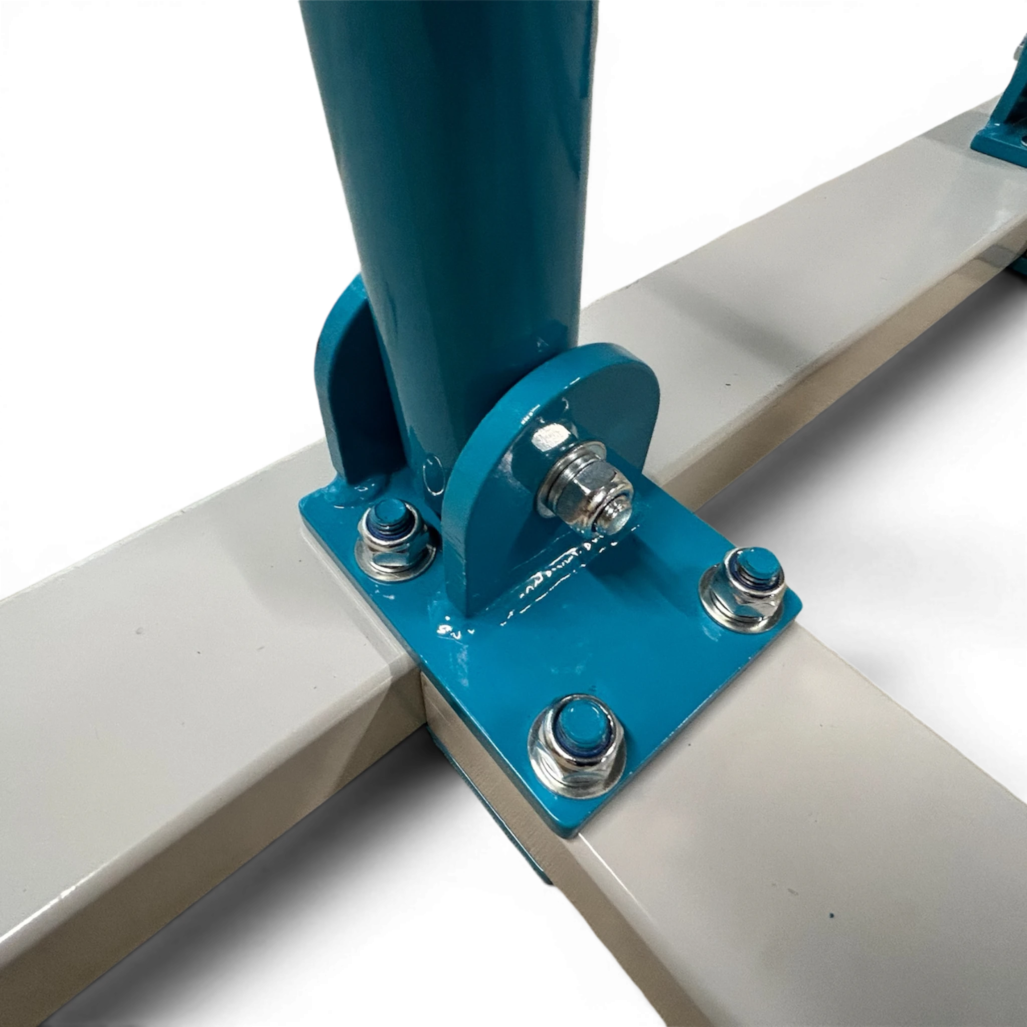 UK Gym Pits blue and white powder-coated steel base joint for freestanding asymmetric training bars