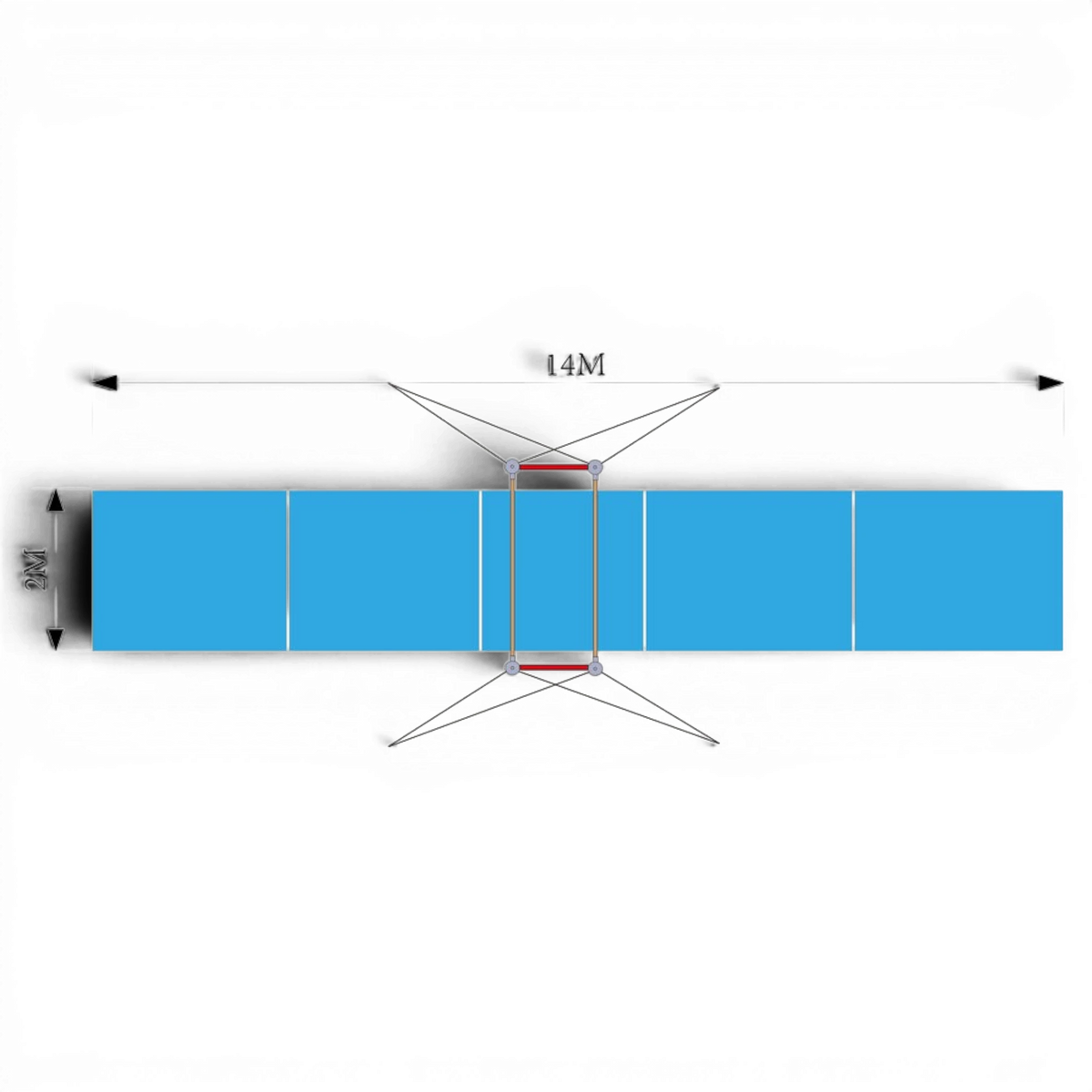 UK Gym Pits FIG approved asymmetric bars landing mat system layout showing 2m by 14m dimensions and mat configuration.