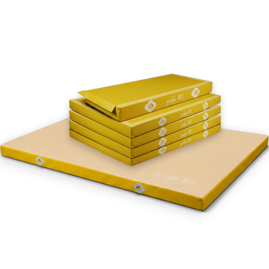UK Gym Pits Gaofei yellow asymmetric bars landing mats with non-slip base and Velcro locking system for gymnastics.