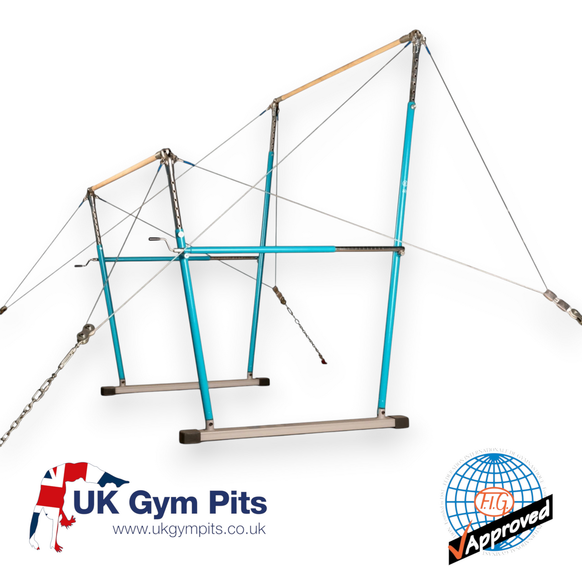 UK Gym Pits FIG approved asymmetric gymnastics bars with blue steel frame and wooden handrails for competition training