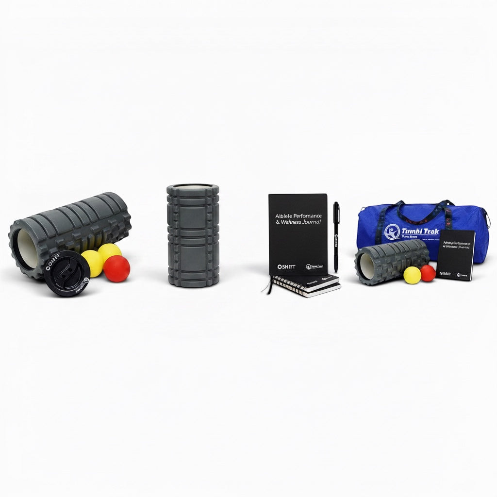 UK Gym Pits athlete wellness and recovery kit featuring a foam roller, lacrosse balls, journal, and blue travel bag.