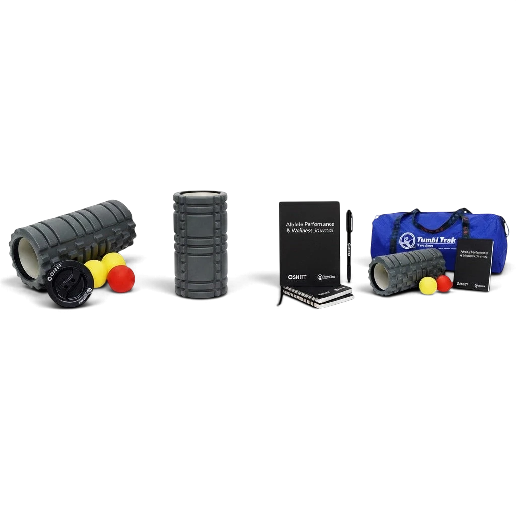 UK Gym Pits athlete wellness and recovery kit featuring a foam roller, massage balls, journal, and blue travel bag.