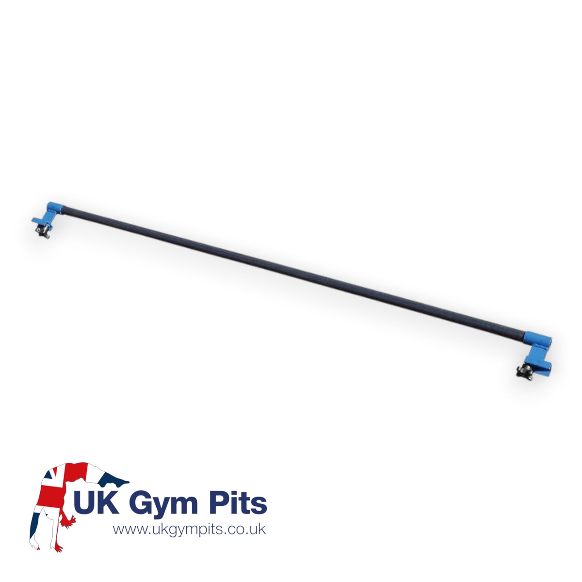 UK Gym Pits 2.1m black steel attachment frame bar for Tumbl Trak gymnastics equipment with blue adjustable mounts