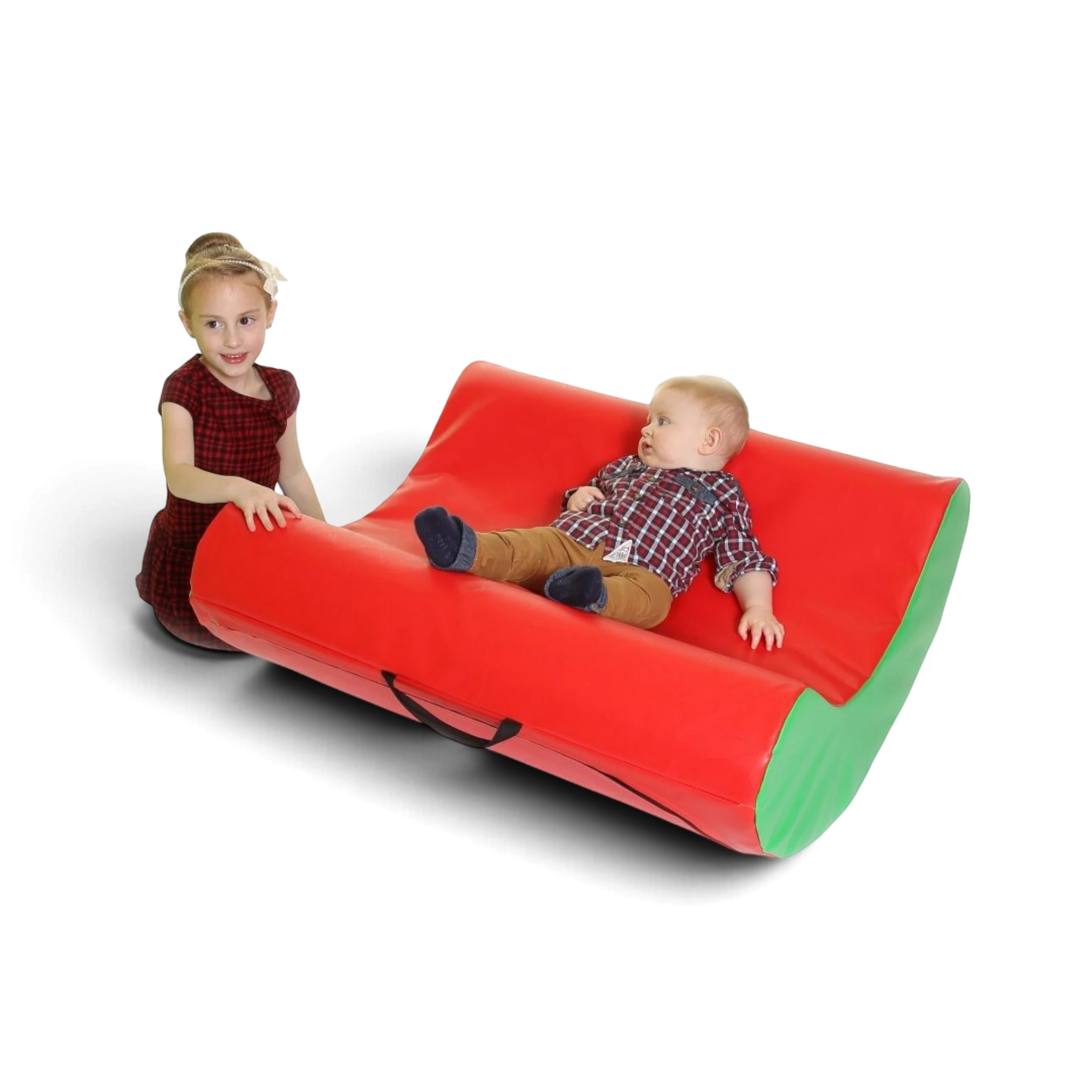 UK Gym Pits baby rocker in red and green PVC foam for soft play, featuring a built-in carry handle for easy transport.