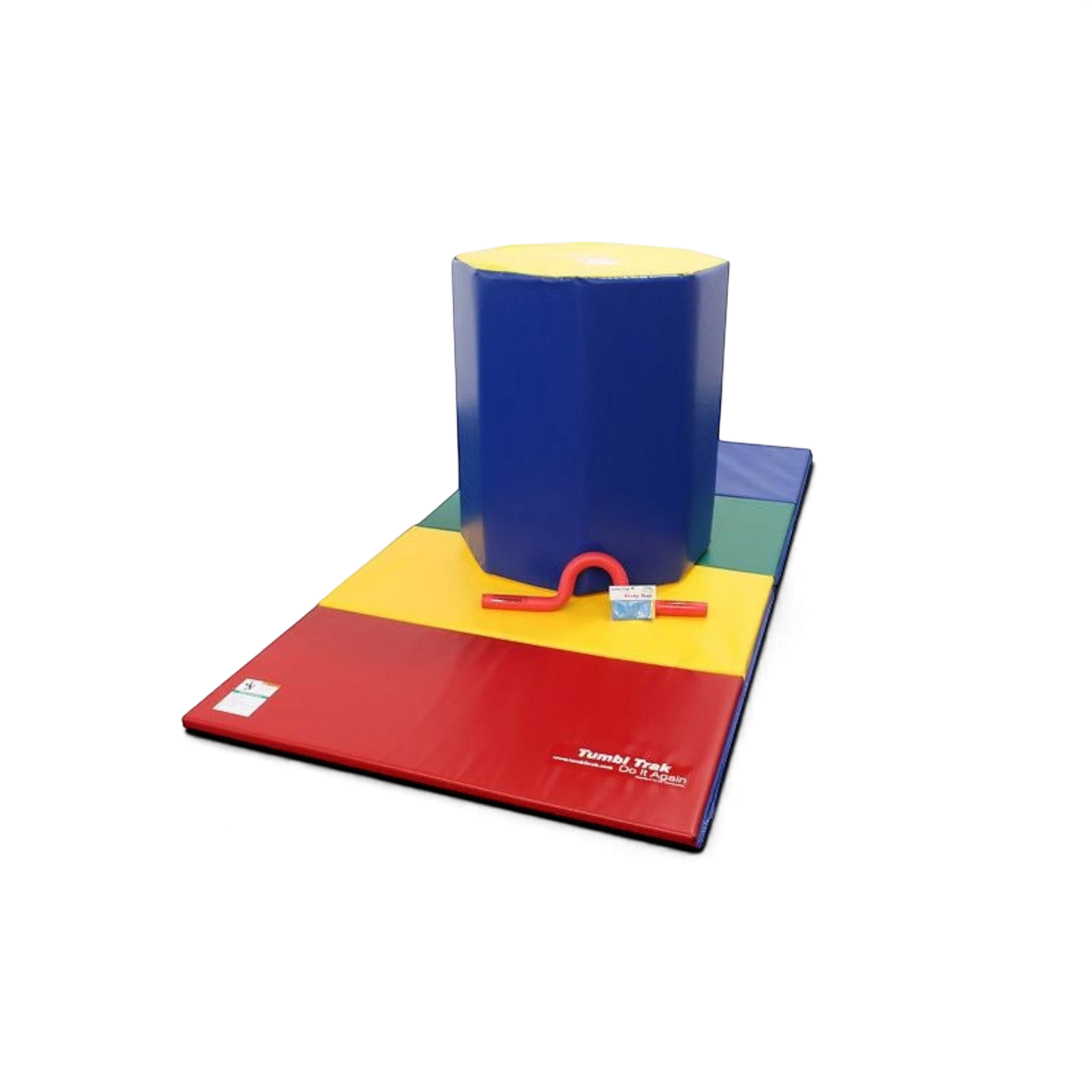 UK Gym Pits back handspring training package with a multi-coloured folding mat, blue octagon tumbler, and accessories