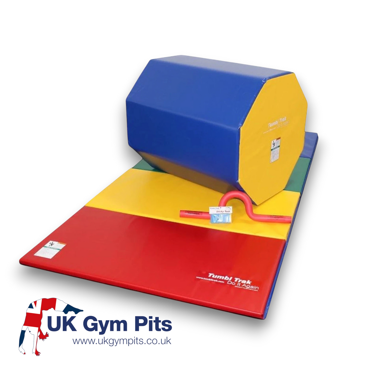UK Gym Pits back handspring training package with a blue and yellow octagon tumbler, folding mat, and sticky toes.