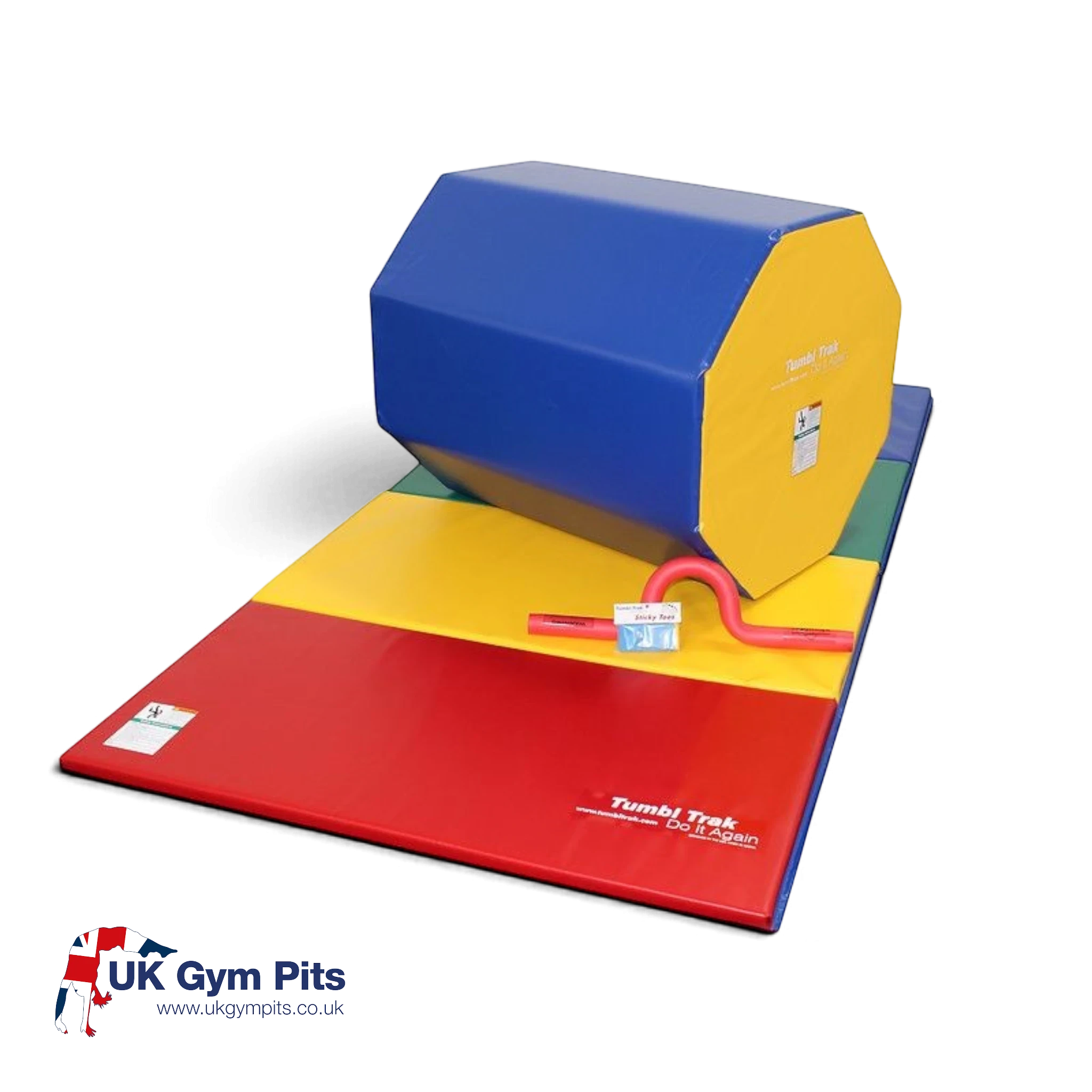 UK Gym Pits back handspring training package with a multi-coloured octagonal tumbler, folding mat, and accessories.