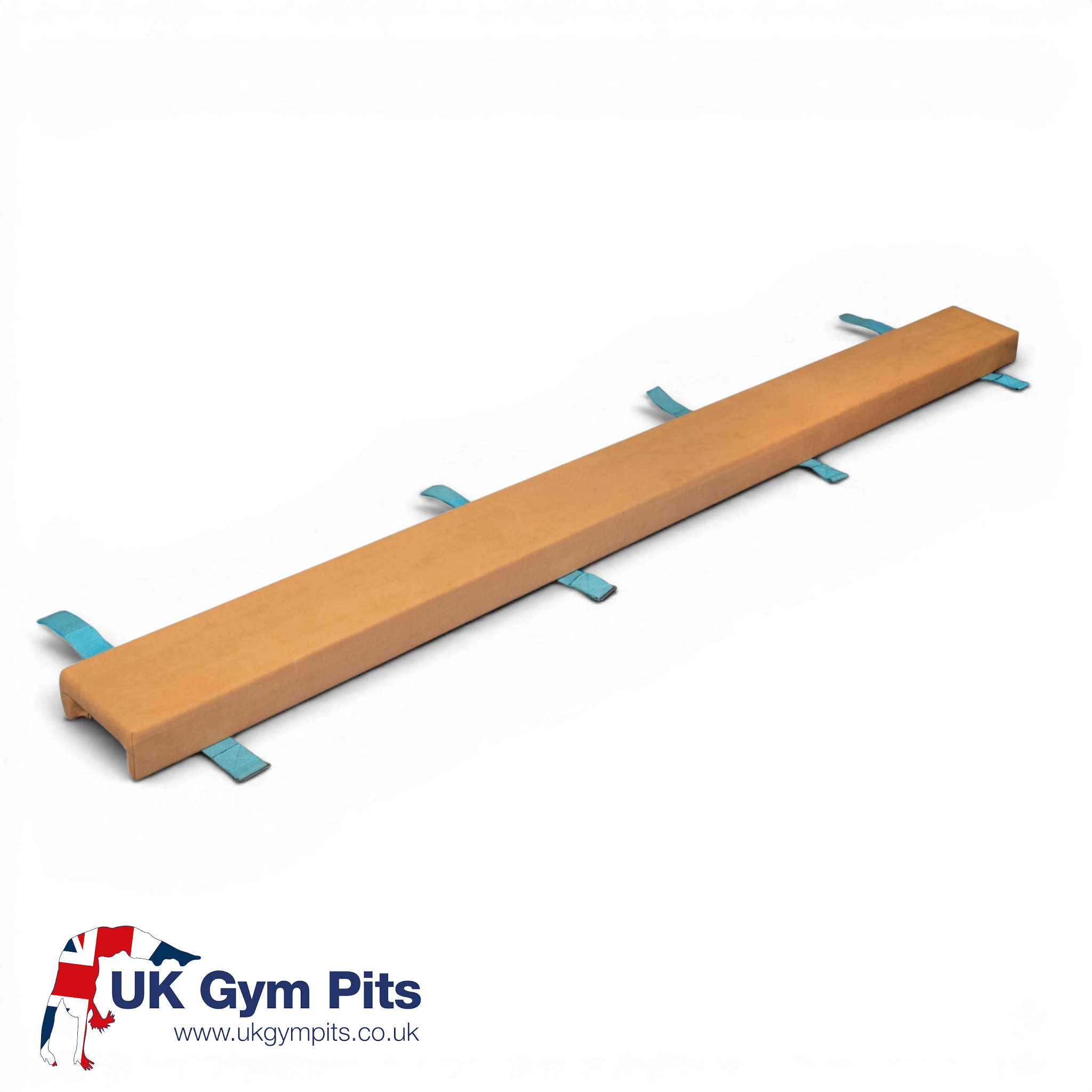 UK Gym Pits Gaofei 2.5m beam enlarger training aid in tan with secure Velcro straps for gymnastics practice