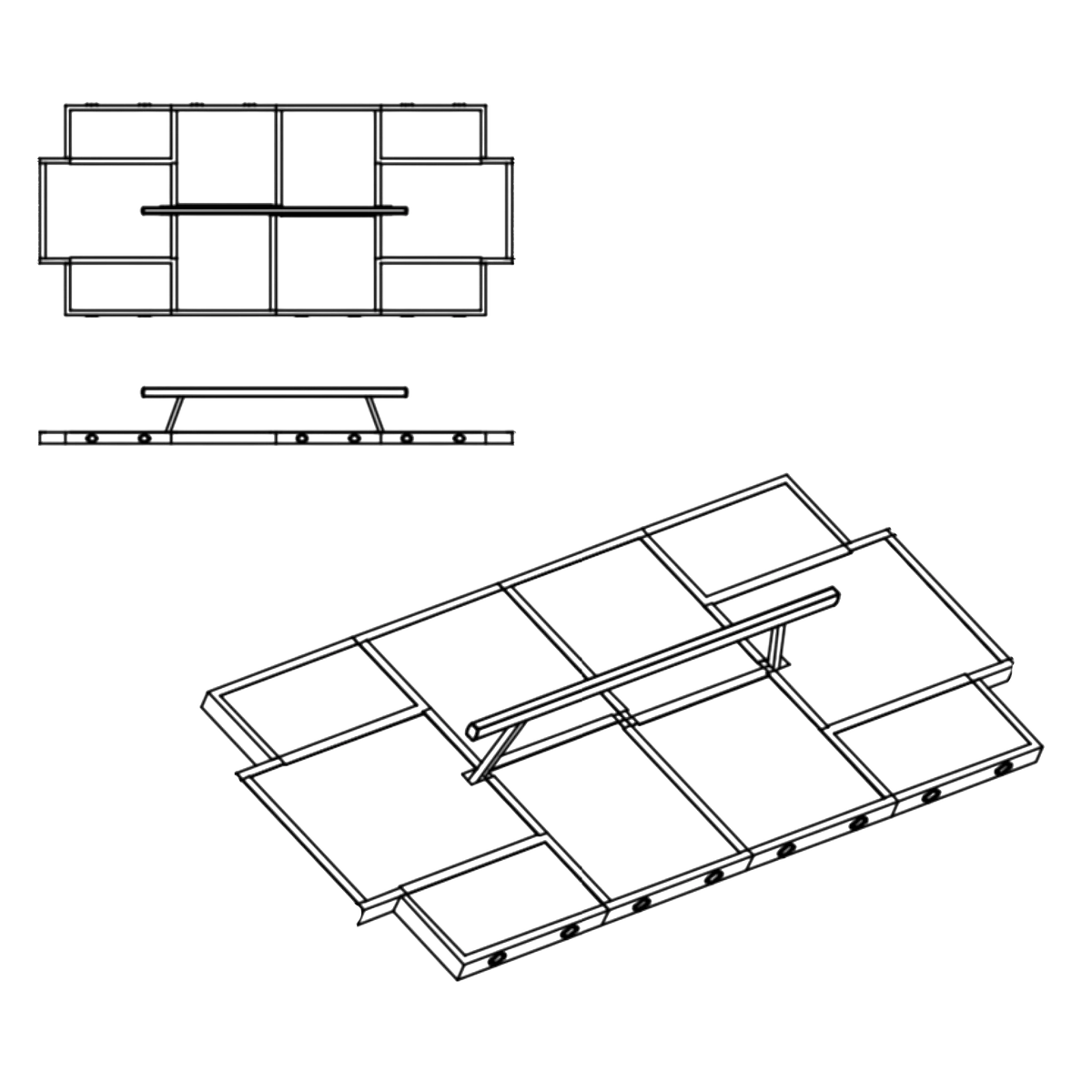 UK Gym Pits technical line drawing showing the layout and dimensions of beam landing mats with equipment leg cut-outs.