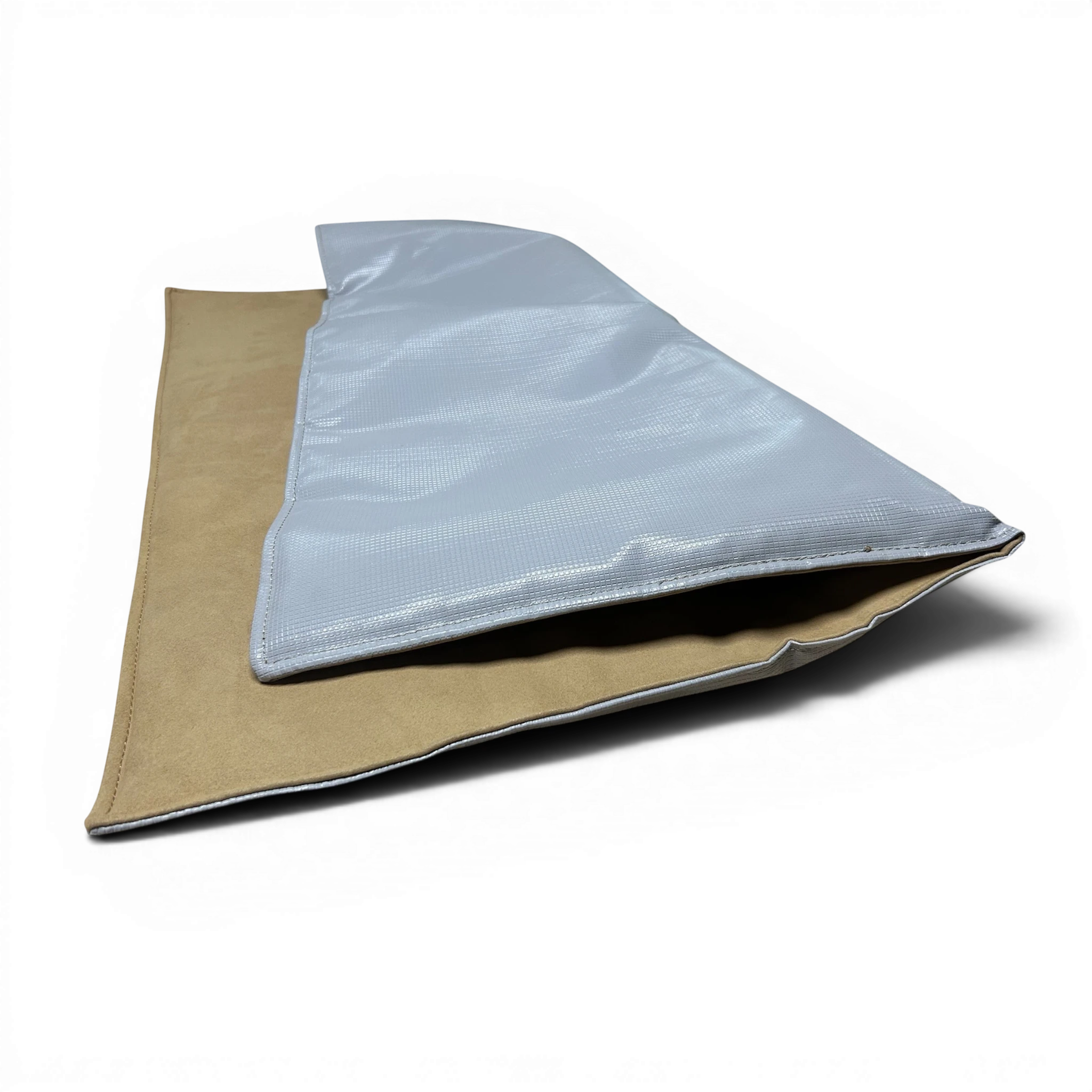 UK Gym Pits Gaofei beam PU mat with a grey textured anti-slip top and a tan suede-like underside for gymnastics.