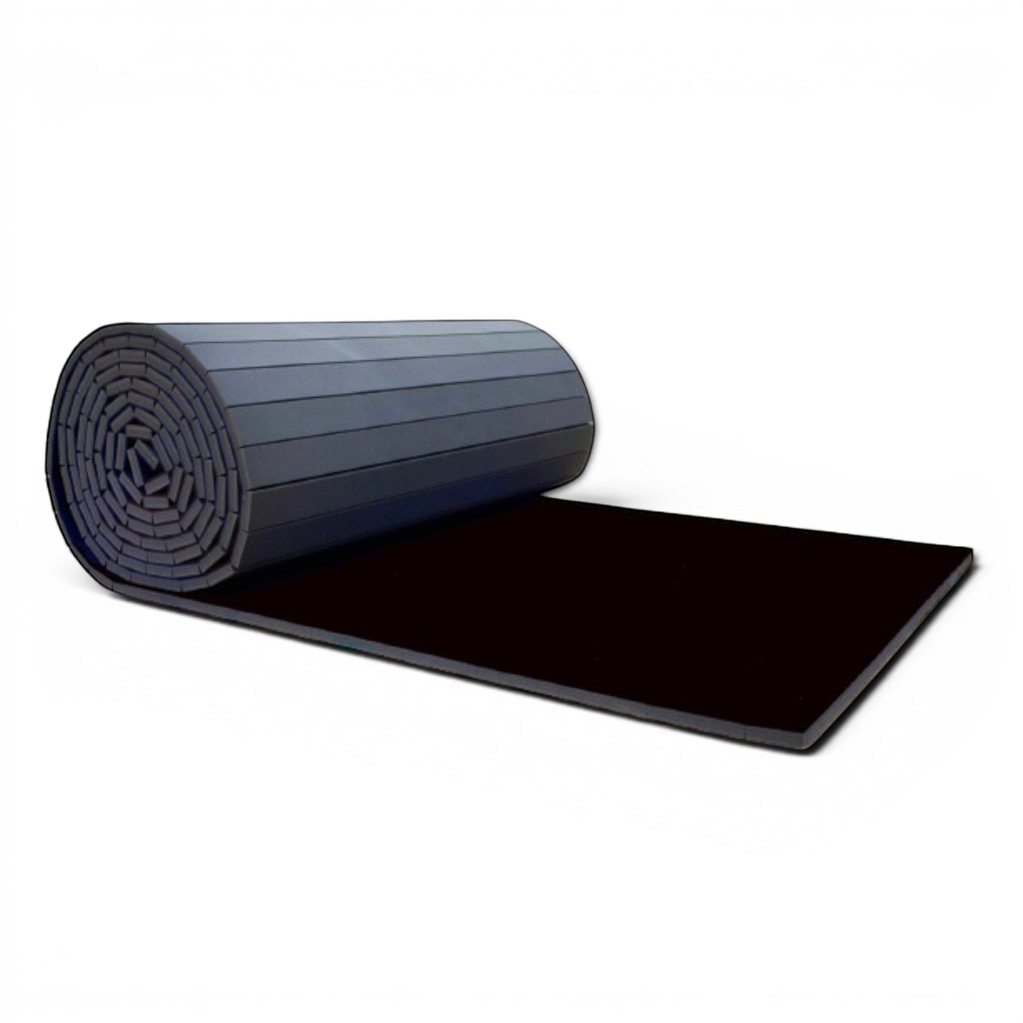 UK Gym Pits black carpet mat roll for gymnastics sprung floor, showing a rolled section and flat surface.