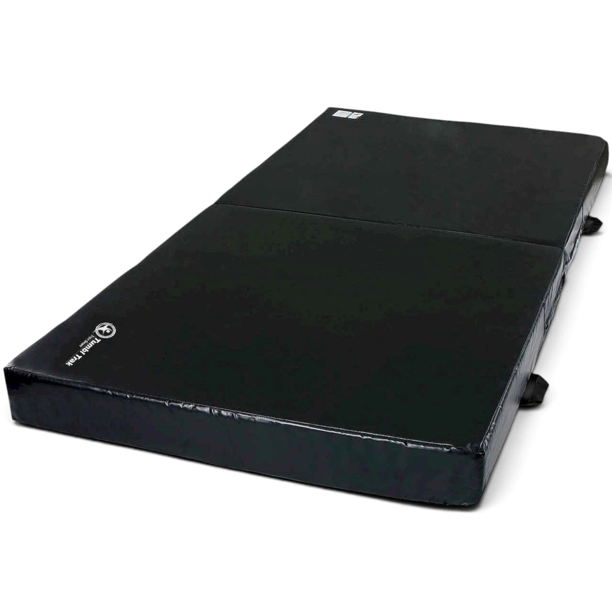 UK Gym Pits black practice mat with smart mat technology, foldable design, and reinforced handles for gymnastics.