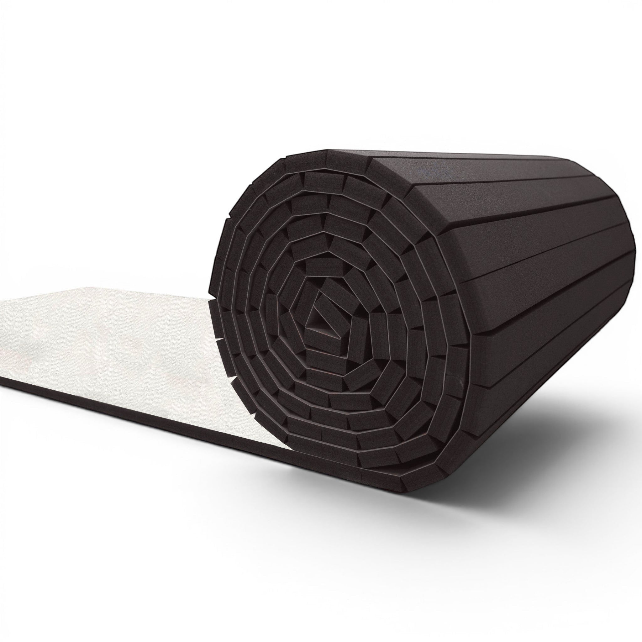 UK Gym Pits black hybrid roll-out mat with durable tatami PVC surface and shock-absorbing XPE foam for gym flooring.