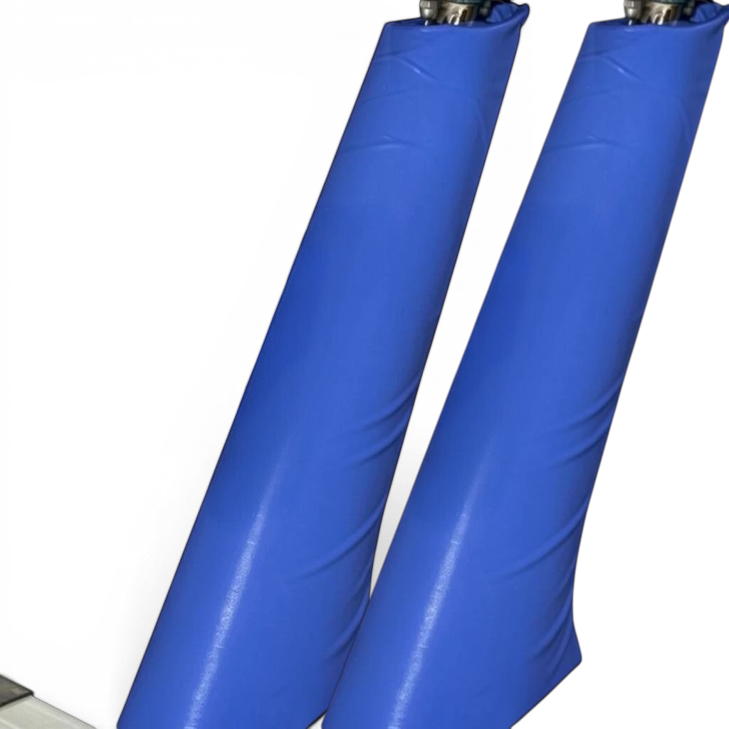 UK Gym Pits blue PVC vinyl safety padding wrapped around a gymnastics beam leg for impact protection