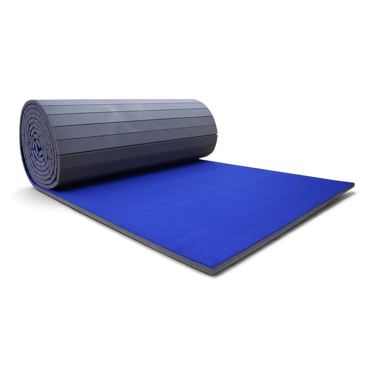 UK Gym Pits blue carpeted flexi mat roll with shock-absorbing XPE foam base for gymnastics and cheerleading