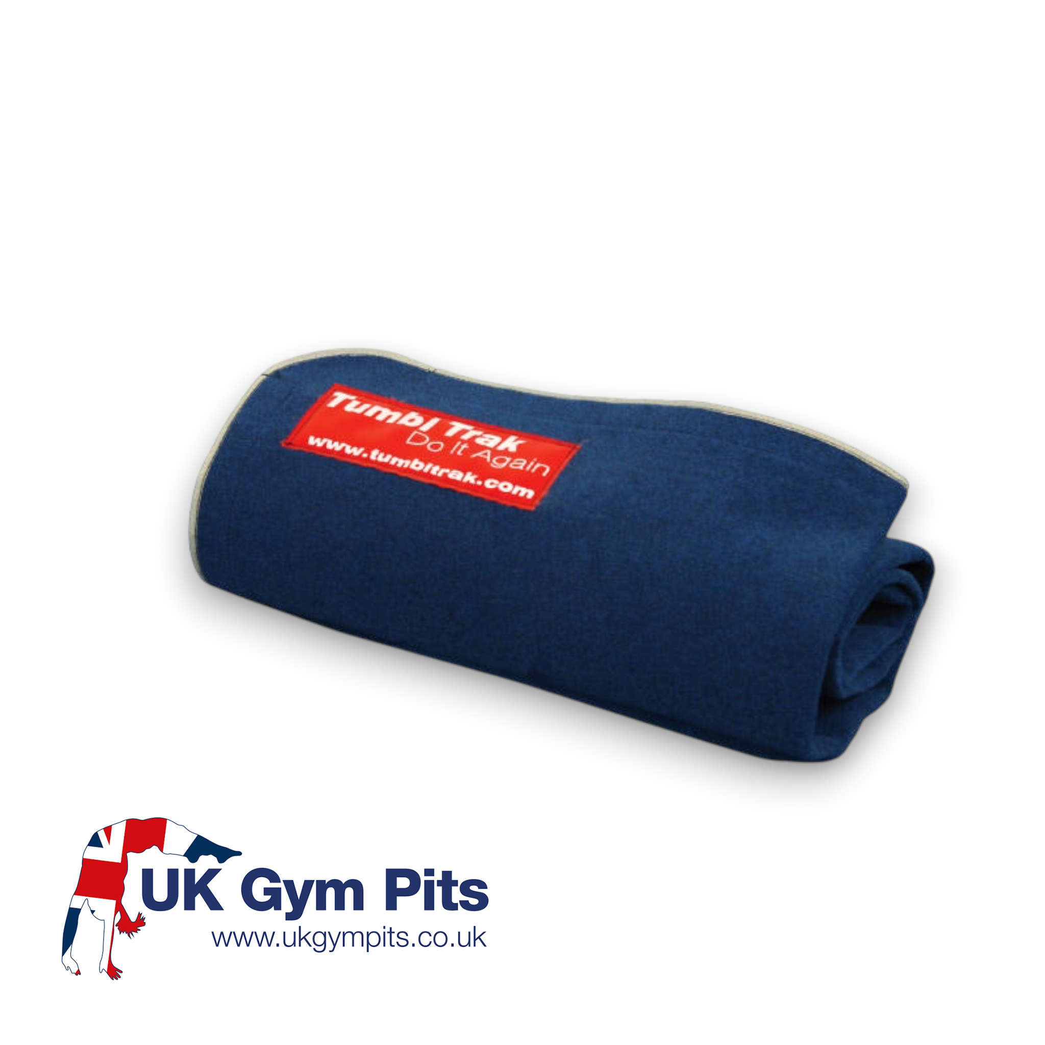UK Gym Pits blue carpet wall overlay rolled up with a red Tumble Trak brand label