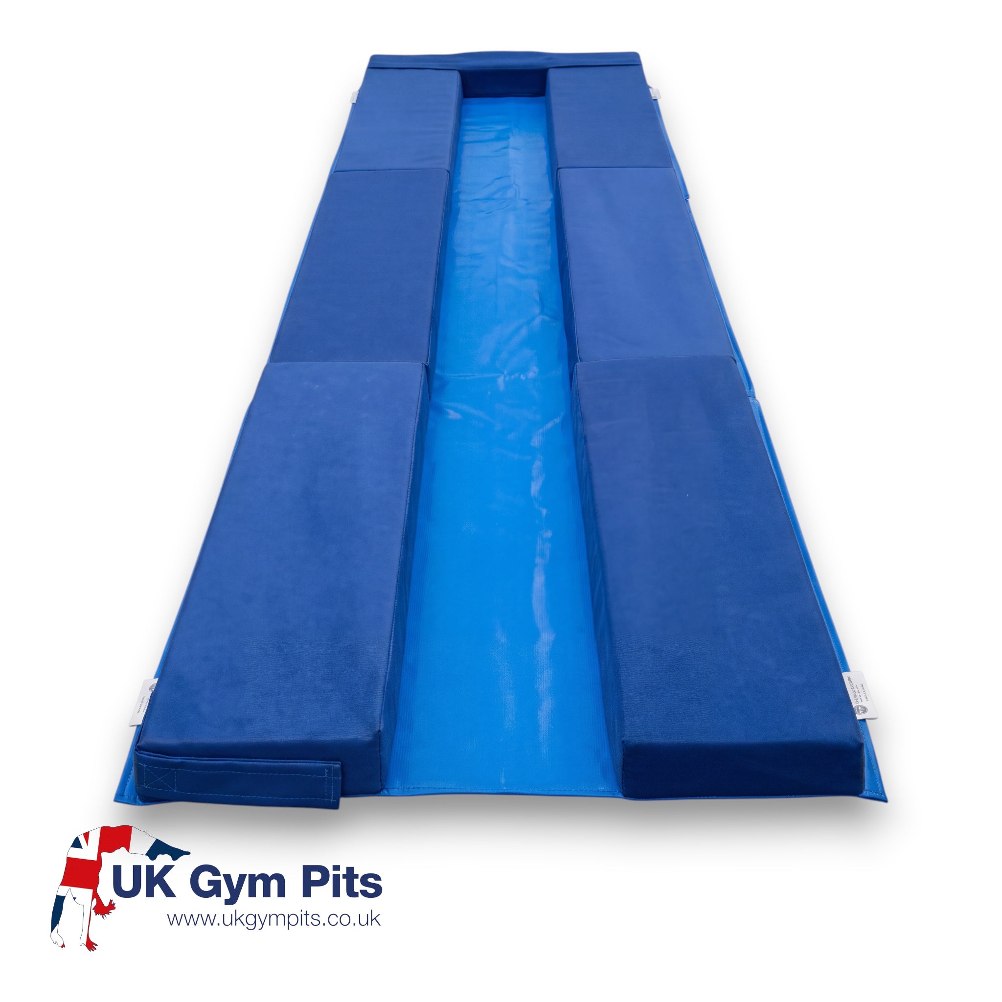 UK Gym Pits blue foam balance beam skill expander with carpet surface and vinyl center for gymnastics training
