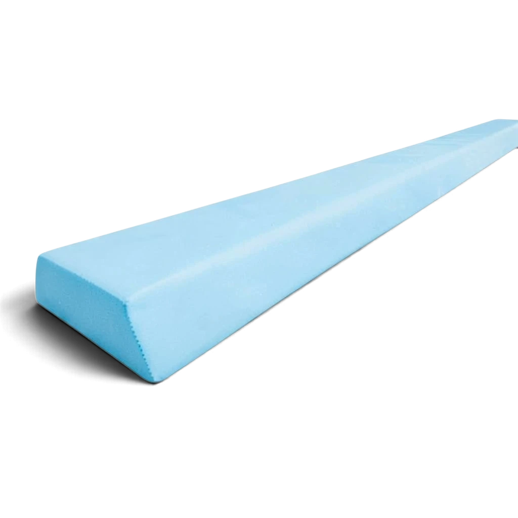 UK Gym Pits light blue PE foam floor balance beam with a durable PVC cover for gymnastics and soft play training.