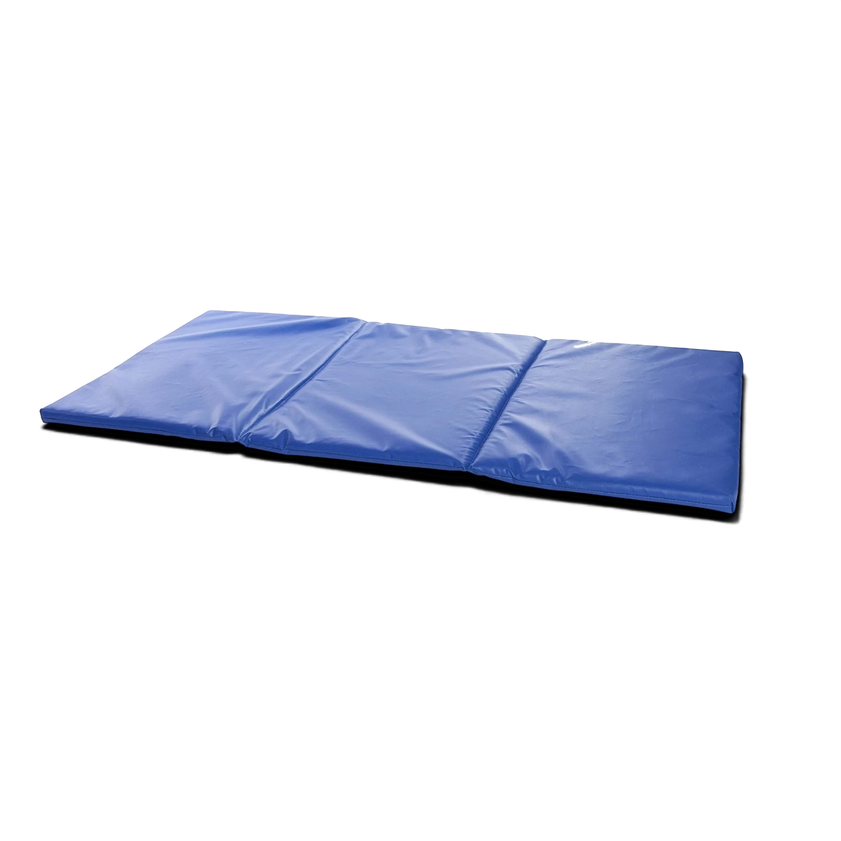 UK Gym Pits blue folding sleep mat with a durable PVC surface, designed for gymnastics and children's soft play.
