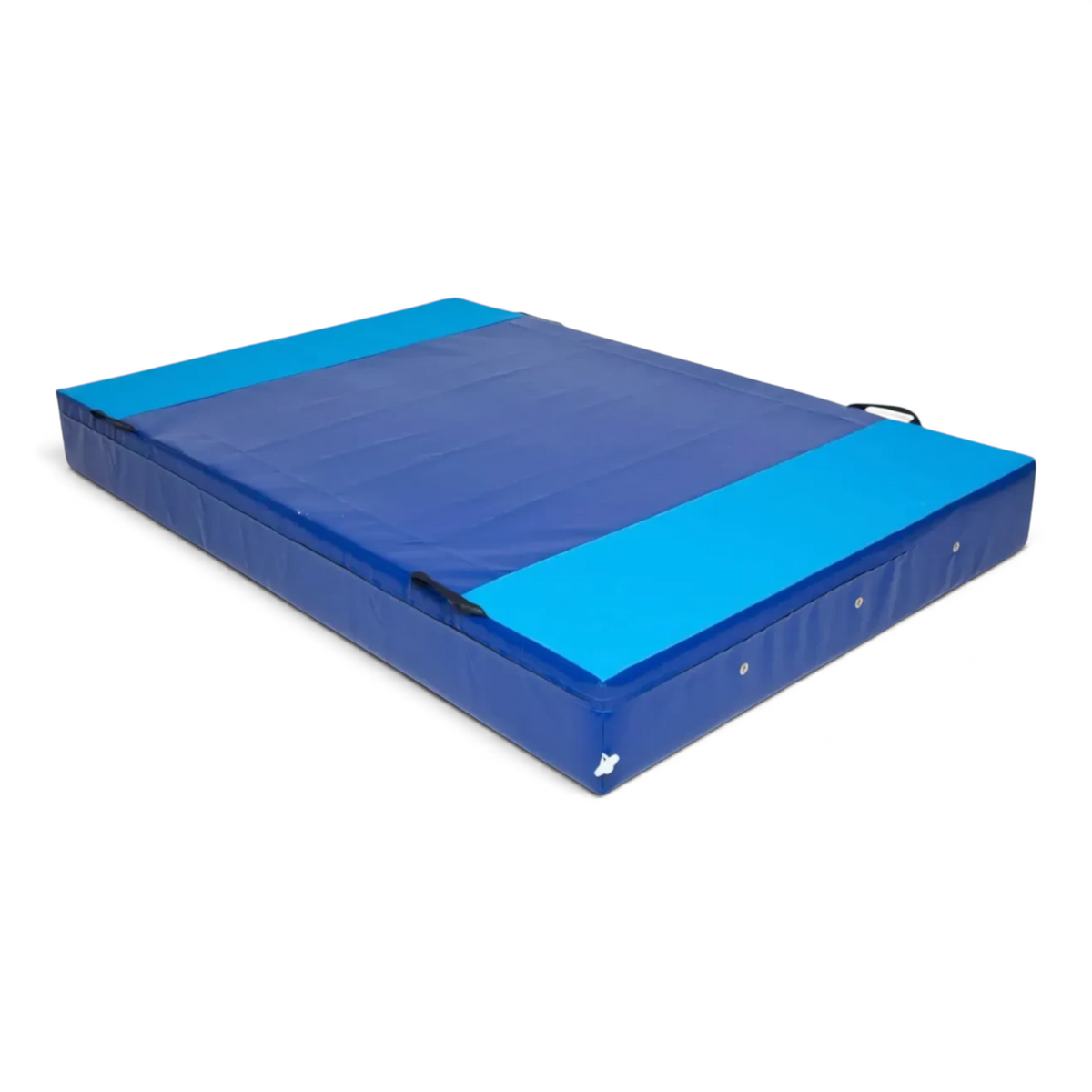 UK Gym Pits blue and light blue crash mat with heavy duty handles and breather holes for gymnastics and parkour.
