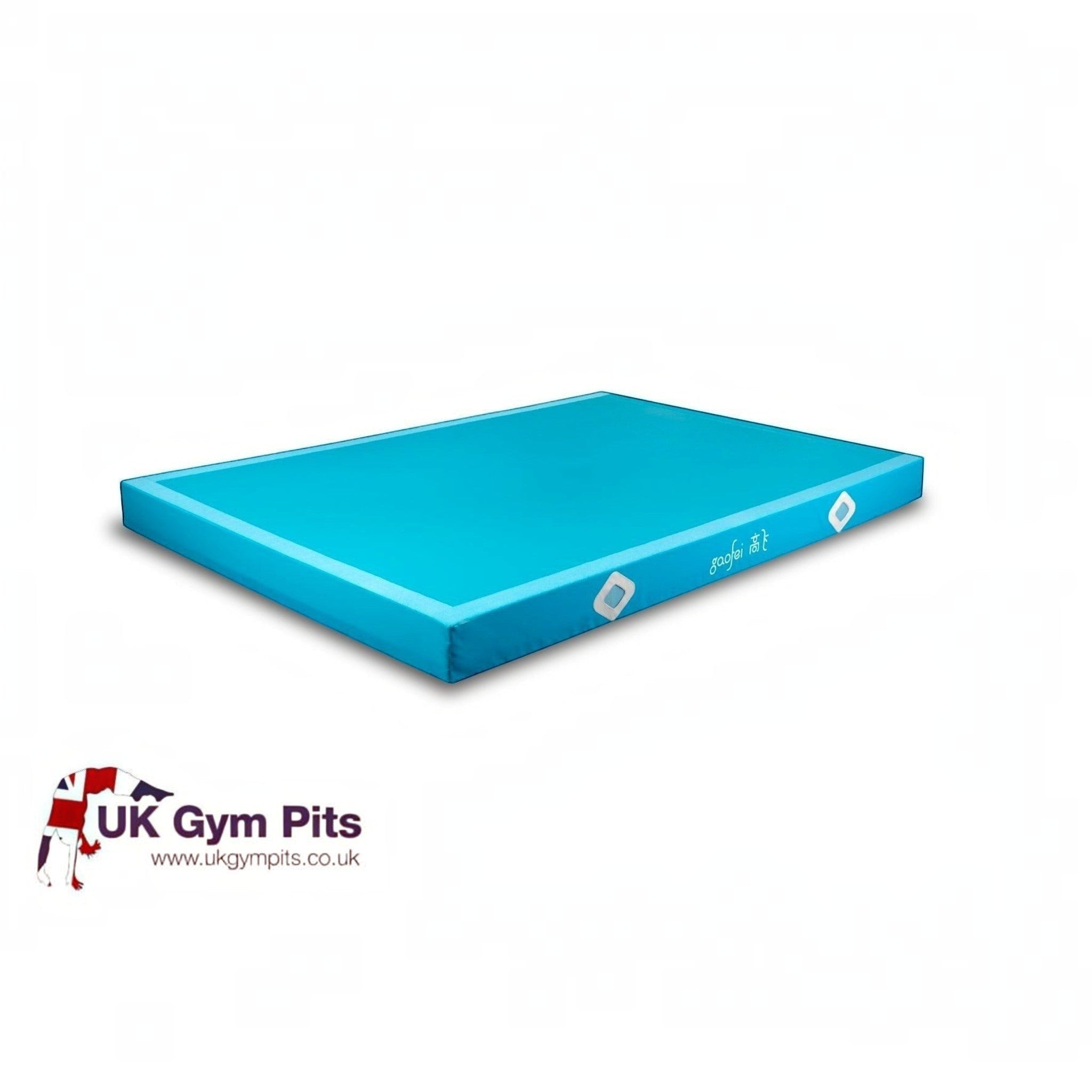 UK Gym Pits blue Gaofei gymnastics landing mat with air distribution mesh windows and durable PVC vinyl cover
