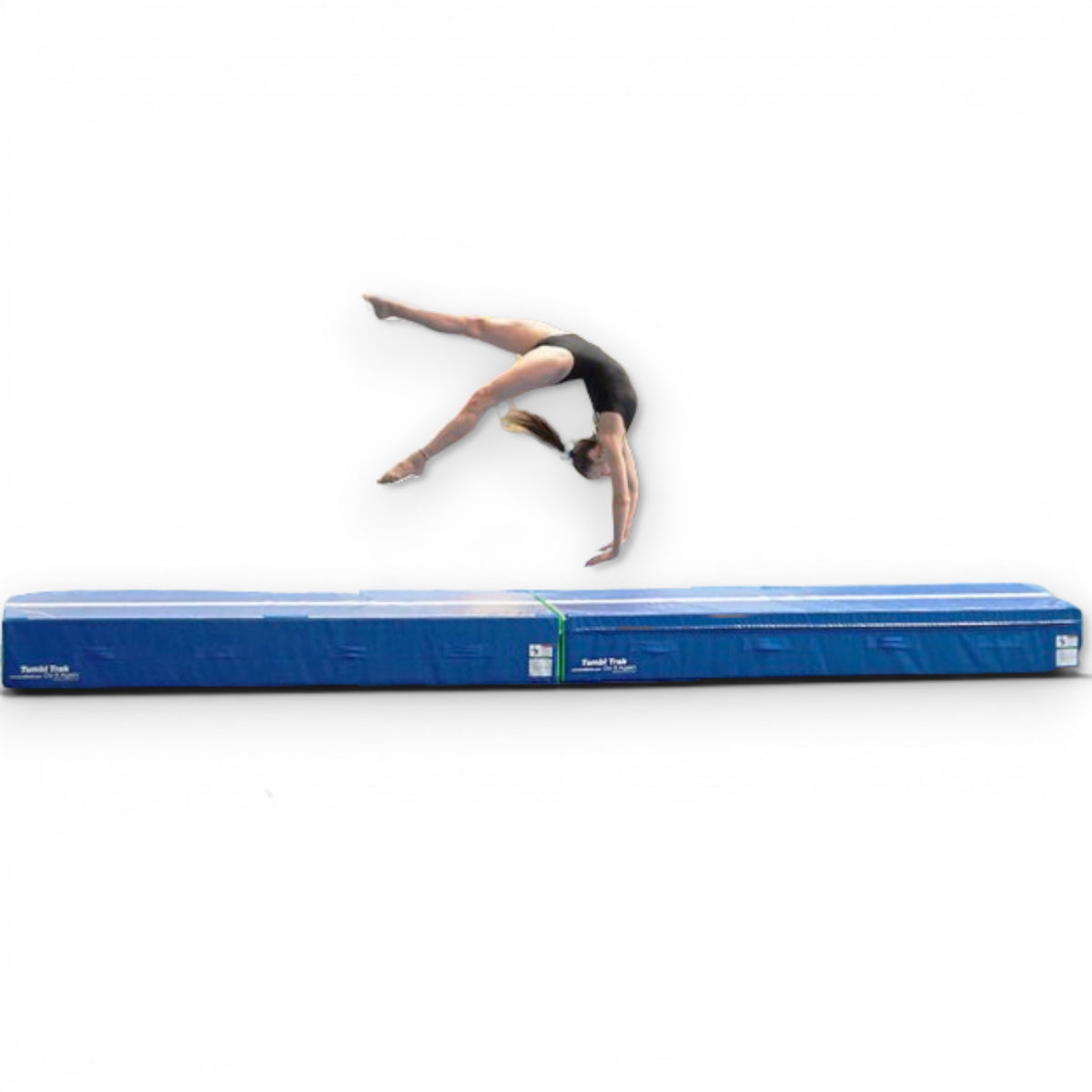 UK Gym Pits blue foam spotting block with a white line, used by a gymnast performing a back handspring