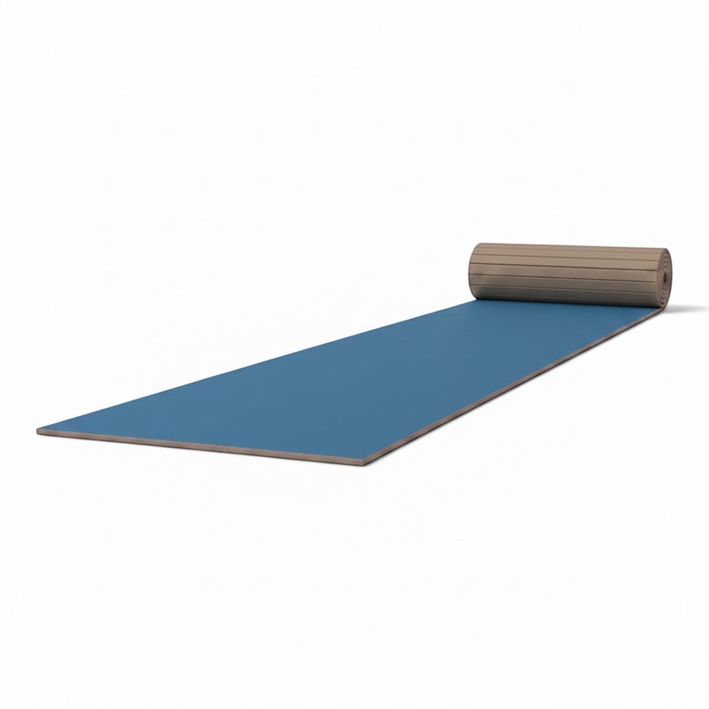 UK Gym Pits blue hybrid gymnastics mat roll with a durable tatami-textured PVC surface and shock-absorbing XPE foam.