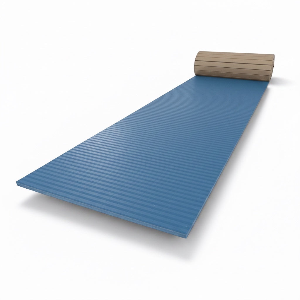UK Gym Pits blue hybrid gymnastics mat roll with a durable tatami-textured PVC surface and shock-absorbing foam.