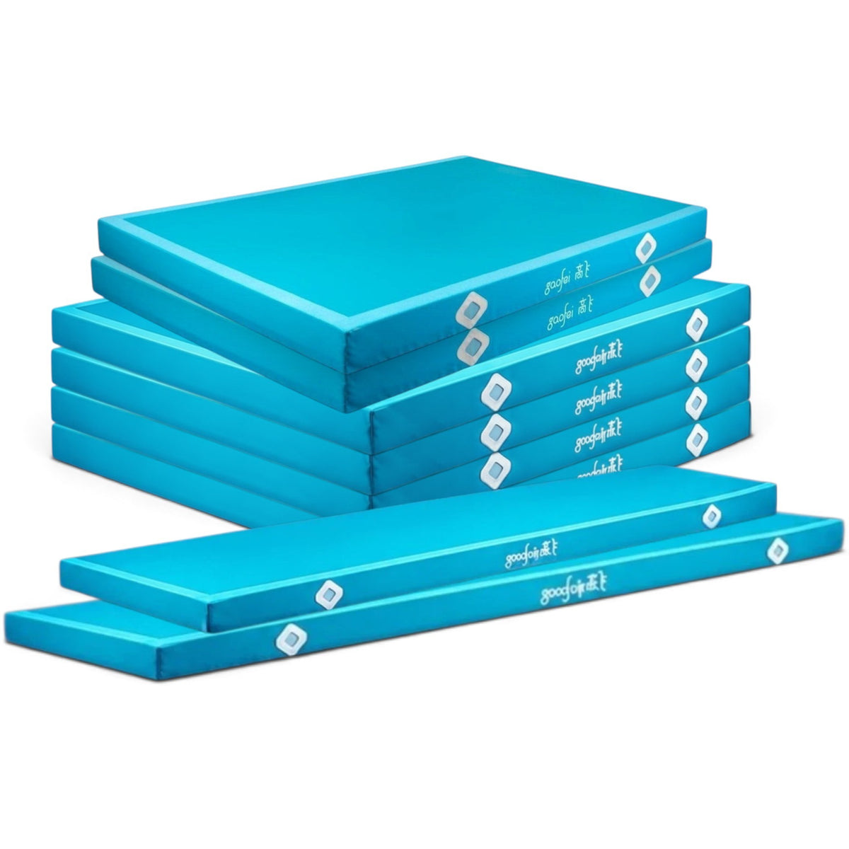 UK Gym Pits blue Gaofei parallel bars landing mats stacked, featuring durable PVC vinyl and Velcro locking system.