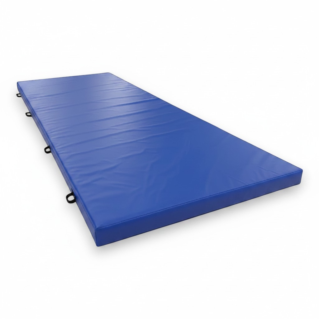 UK Gym Pits blue PVC splat mat with shock-absorbing foam and side handles for gymnastics and martial arts training