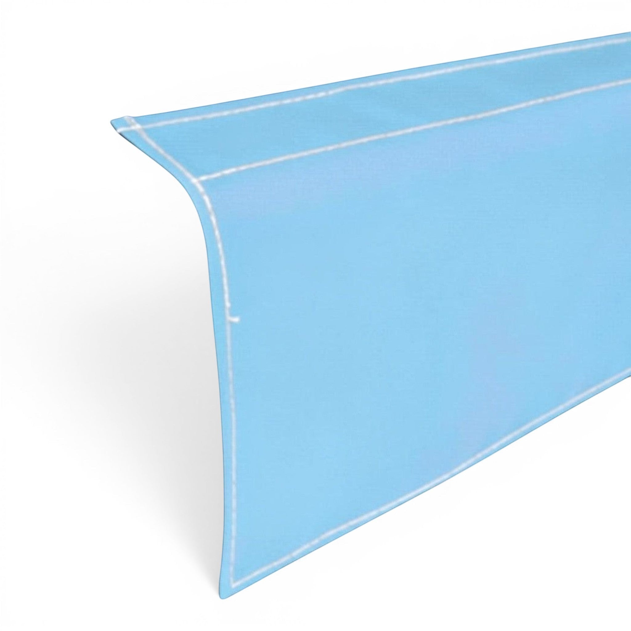 UK Gym Pits light blue PVC drop-down side skirt for sprung gymnastics floors with white double-stitched detailing.