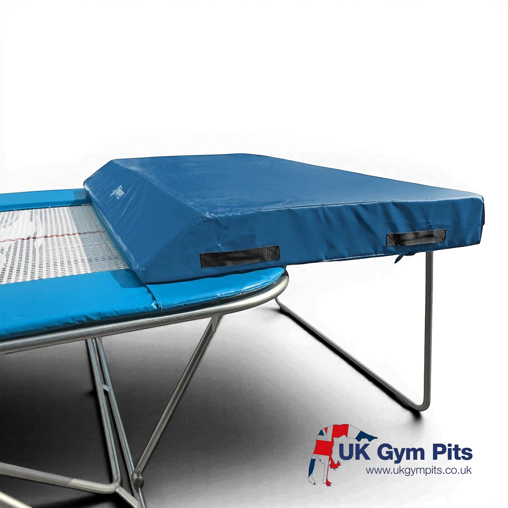 UK Gym Pits blue single wedge trampoline spotting end deck mat with handles and reinforced PVC cover.