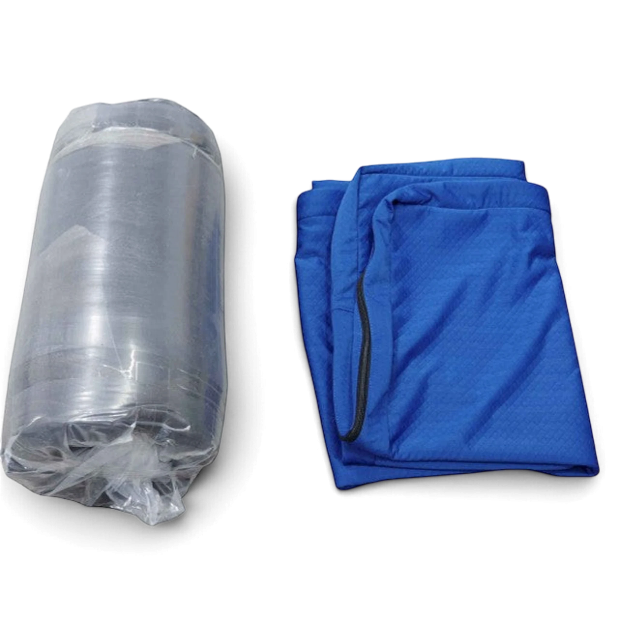 UK Gym Pits soft blue practice mat with durable quilted nylon cover, shown folded and rolled for storage.