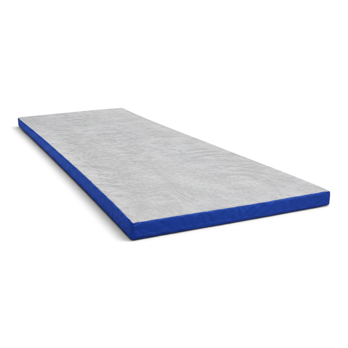 UK Gym Pits Splat Mat with a grey jersey fabric top and blue PVC sides, designed for safe gymnastics landings.