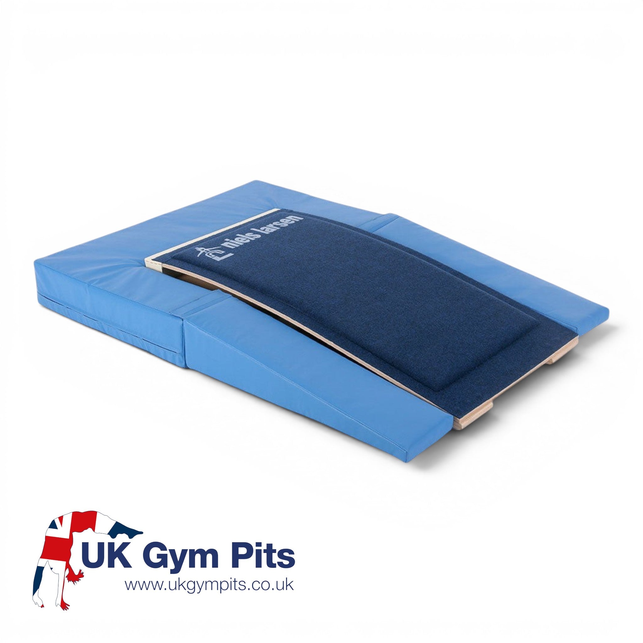 UK Gym Pits blue PVC springboard surround with foam core, designed for standard or club gymnastics springboards.