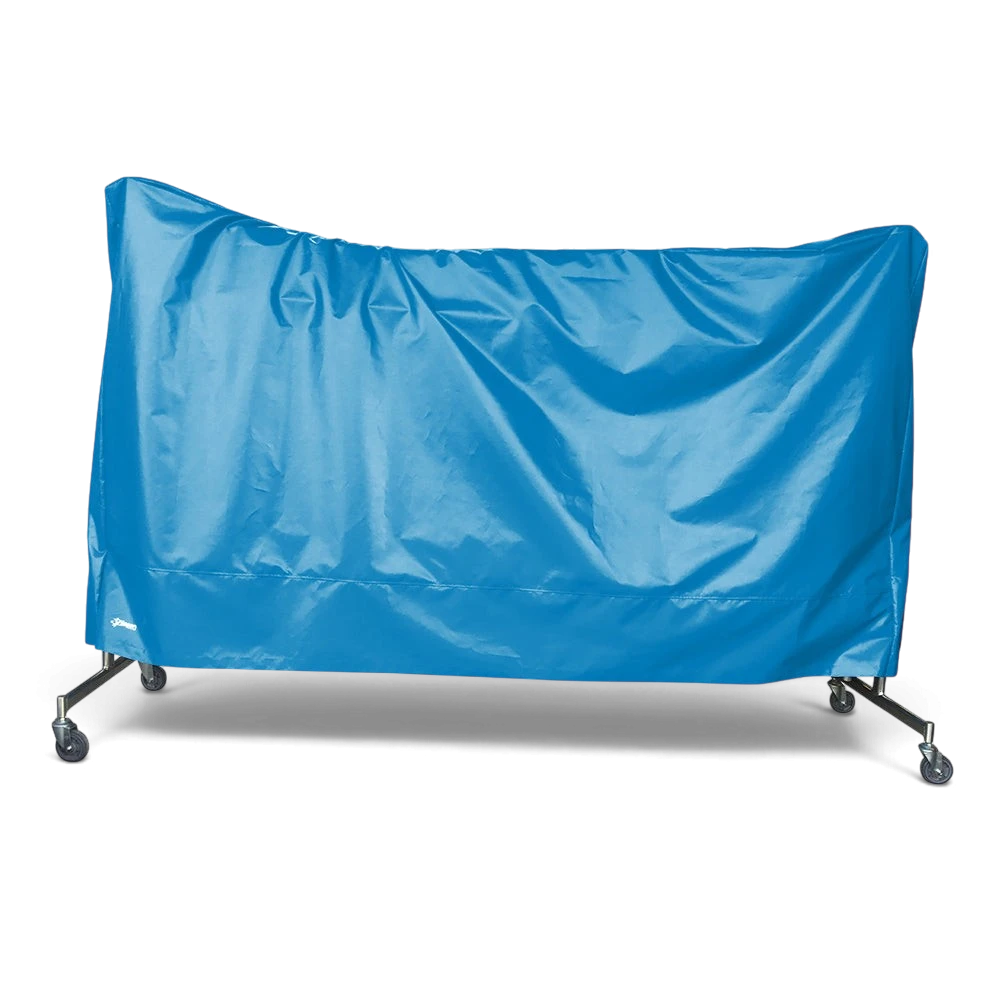 UK Gym Pits blue PVC trampoline dust cover for storage and transportation on a wheeled frame
