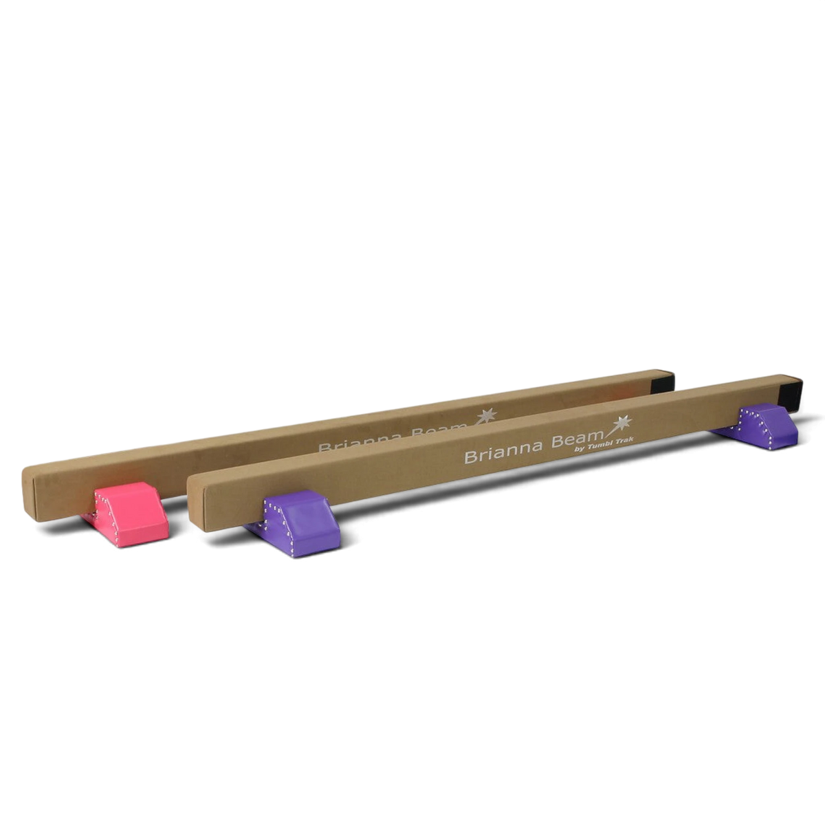 UK Gym Pits Brianna Beam set with brown synthetic suede balance beams and pink and purple studded leg supports.