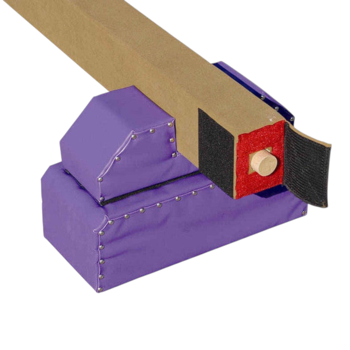 UK Gym Pits Brianna Beam with brown synthetic suede padding and purple studded base showing the Velcro connection
