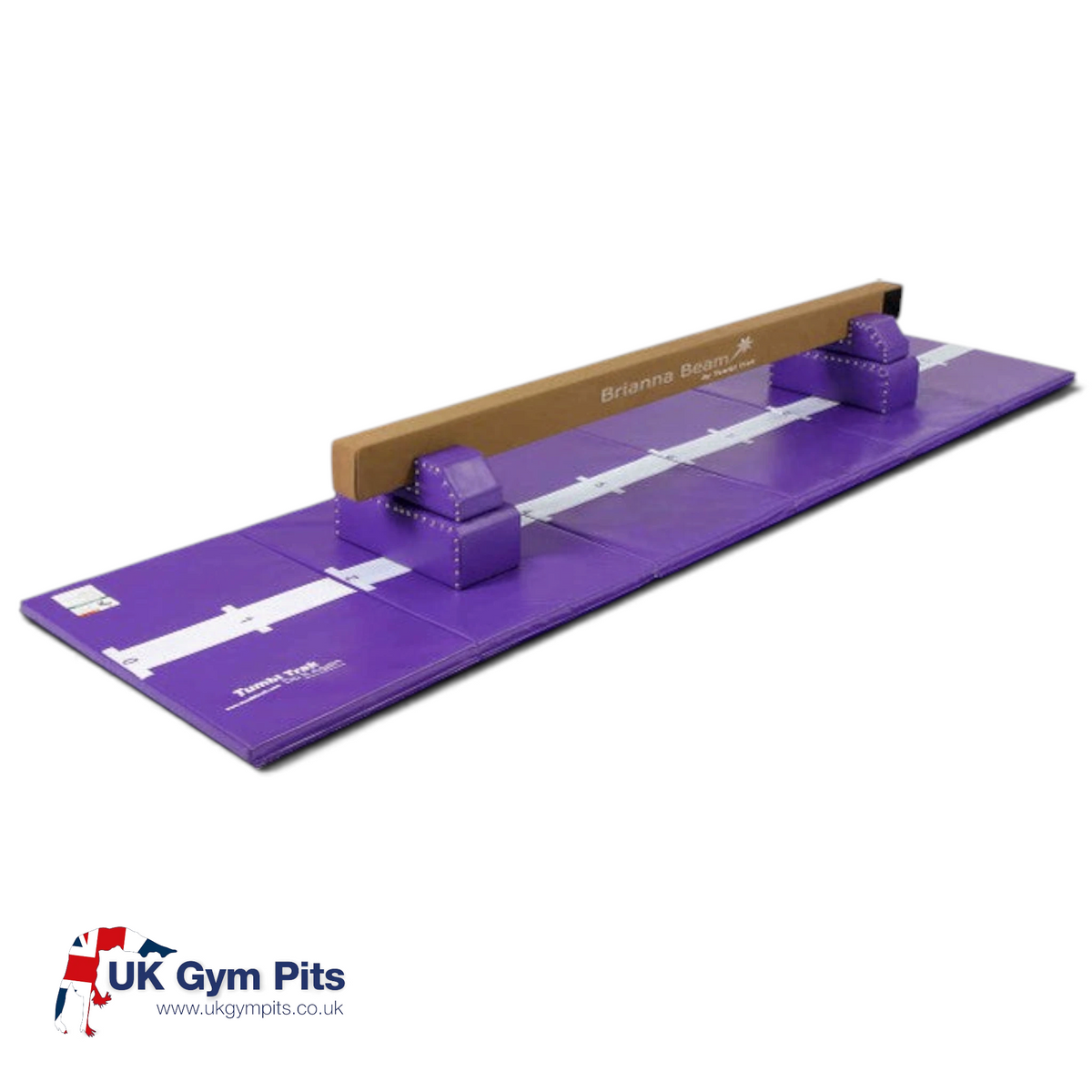 UK Gym Pits Brianna Beam and purple hopscotch mat set for home gymnastics training with leg risers