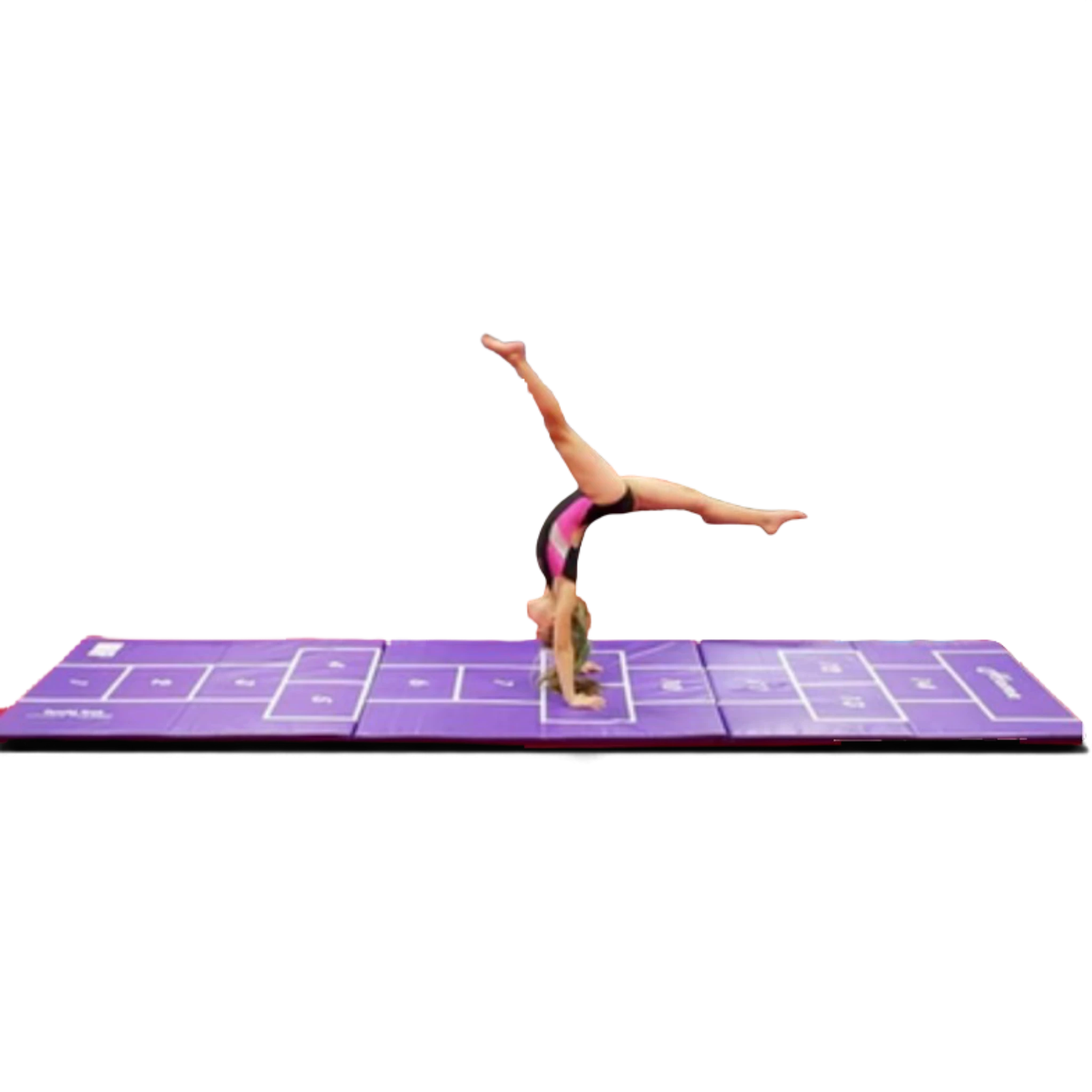 UK Gym Pits Brianna beam and purple hopscotch mat set with a young gymnast performing a handstand on the mat.