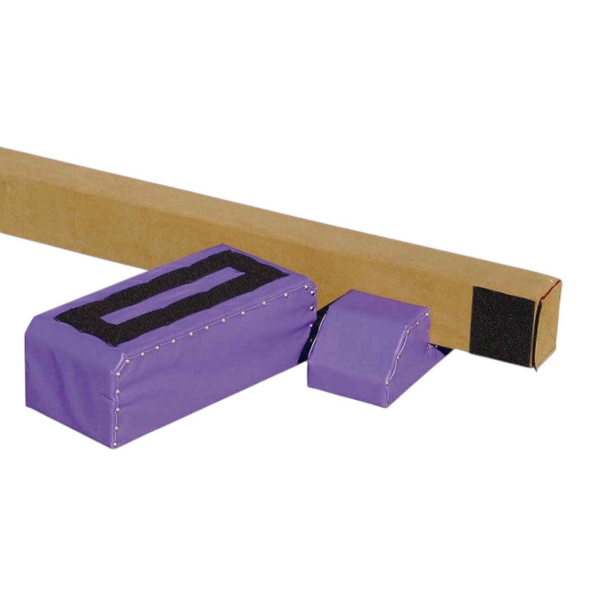 UK Gym Pits Brianna Beam with brown synthetic suede padding and purple studded support legs for kids gymnastics