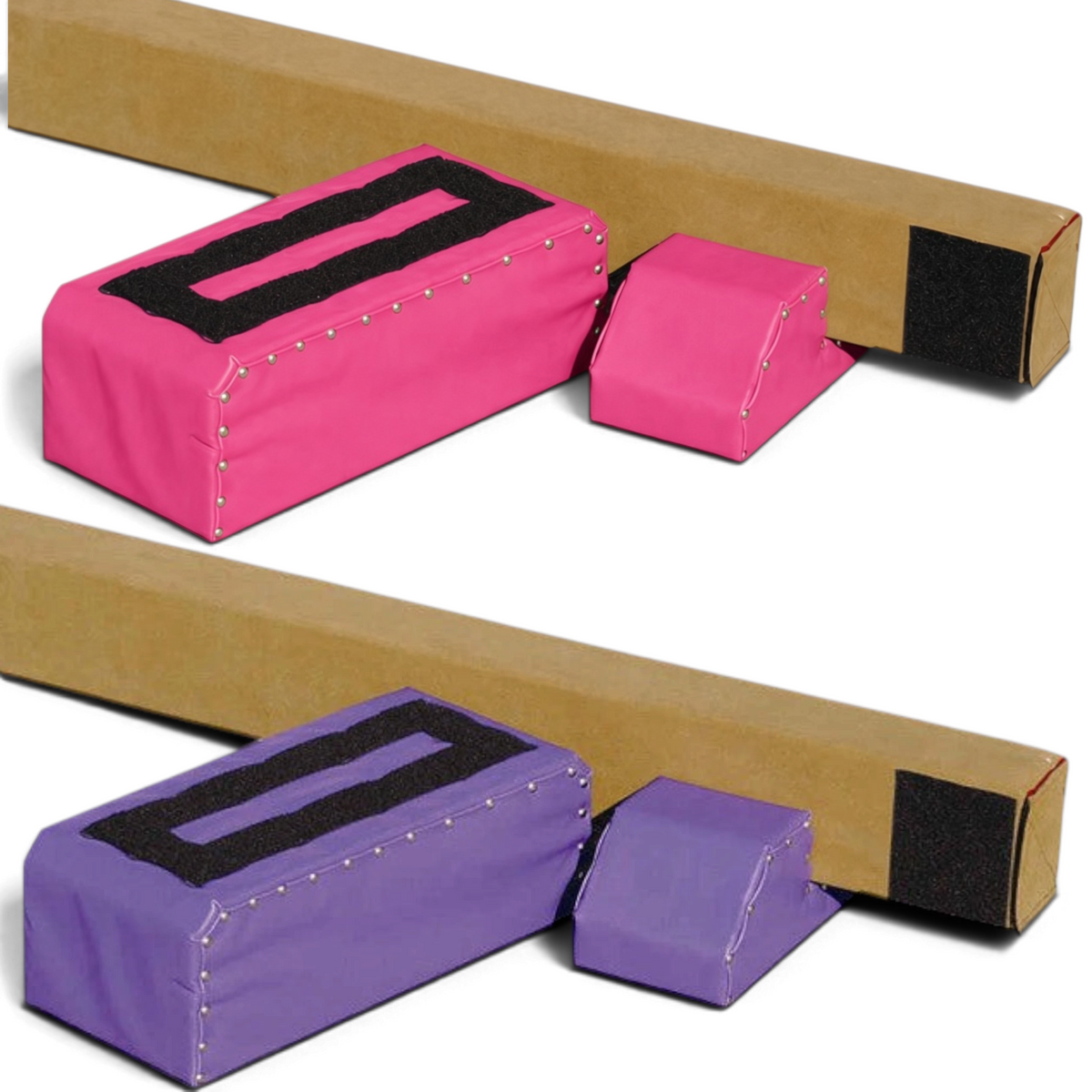 UK Gym Pits Brianna Beam Riser Legs in pink and purple, designed to increase gymnastics beam height by 15cm.