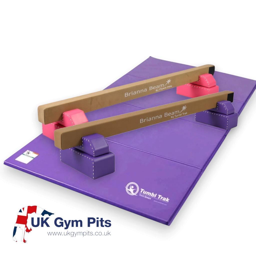 UK Gym Pits Brianna Beam and tumbling mat set with brown suede balance beam and purple folding gymnastics mat